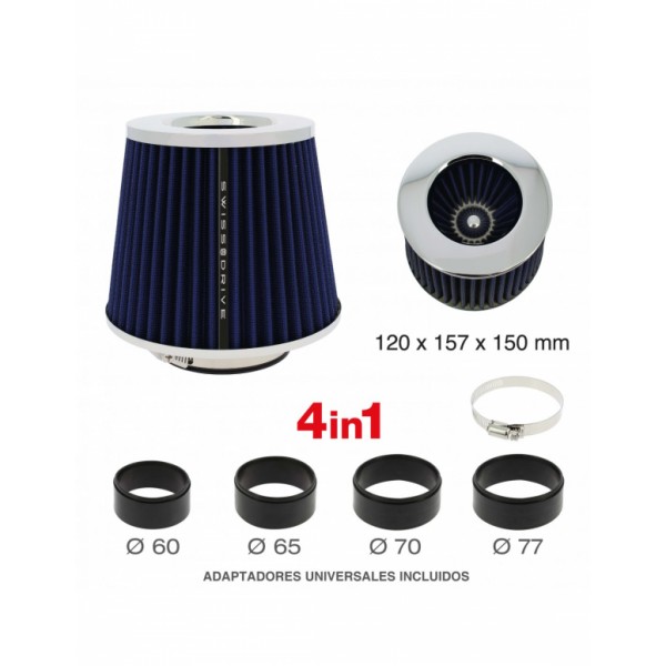 Filtro de Aire Universal para Coche Incluye 4 Adaptadores 60mm 65mm 70mm 77mm Color Azul
